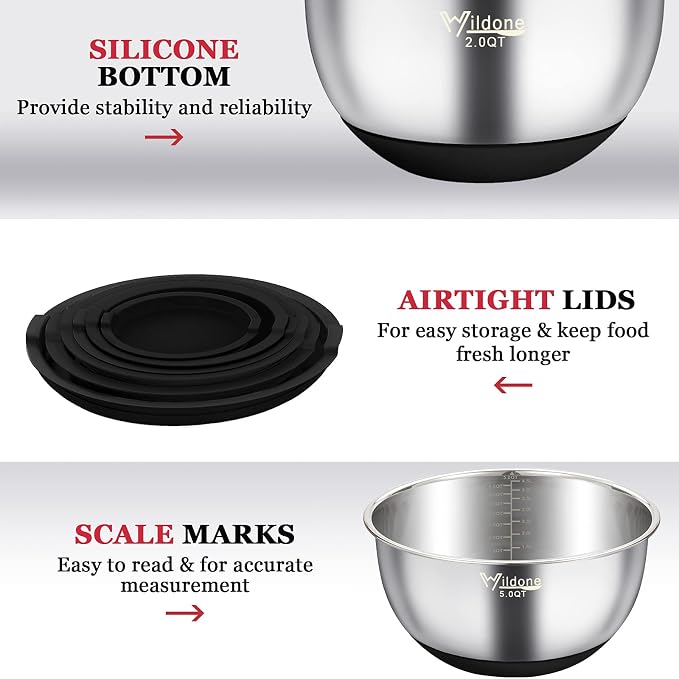 Wildone Mixing Bowls with Airtight Lids, with 3 Grater Attachments, Scale Marks - Image 6