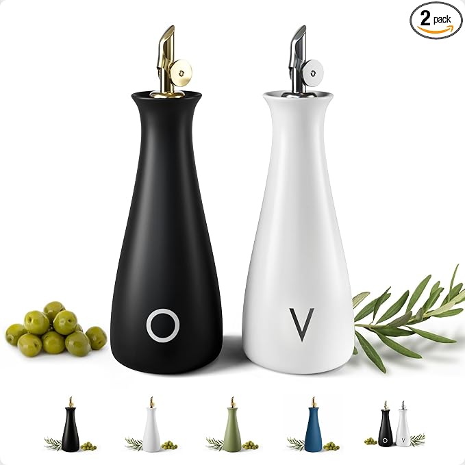 Oil and Vinegar Dispenser Set - 530 ML Capacity Matte Ceramic Leak Proof EVOO & by HBDesignCo