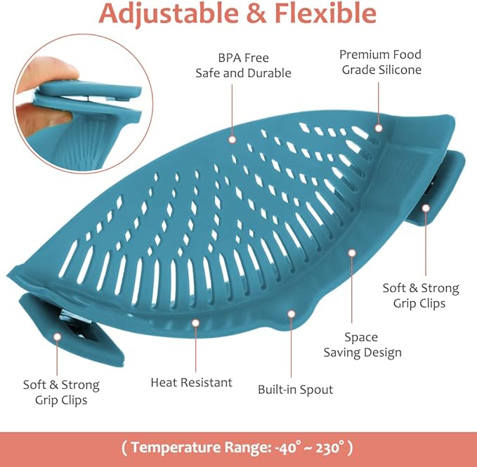 YEVIOR Clip on Strainer for Pots Pan Pasta, Silicone Food Strainer Hands-Free - Image 2
