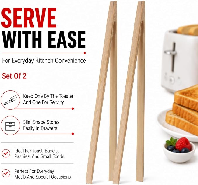 HIC Toast Tongs, Natural Bamboo - Image 5