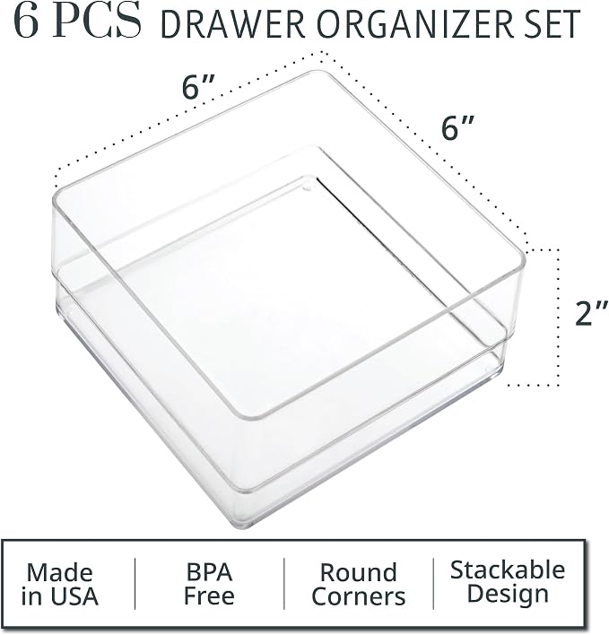 STORi SimpleSort 6-Piece Stackable Clear Drawer Organizer Set | 6" x 6" x 2" - Image 2