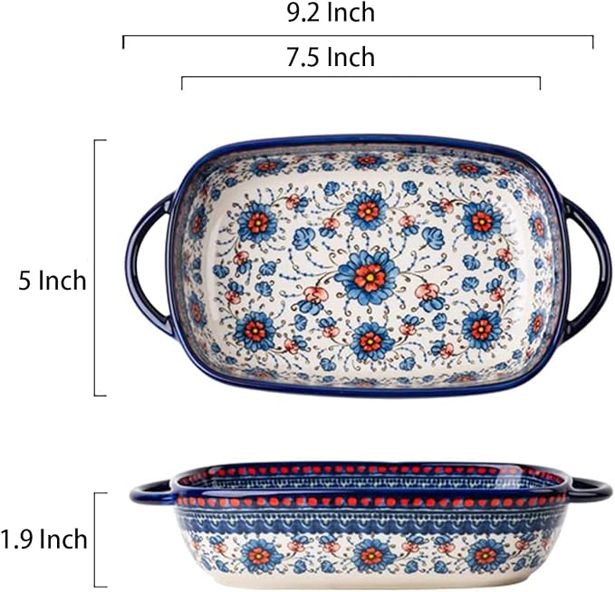 Blue and Orange Flower Vintage Style Ceramic Bakeware Casserole Dish Baking Pan - Image 2