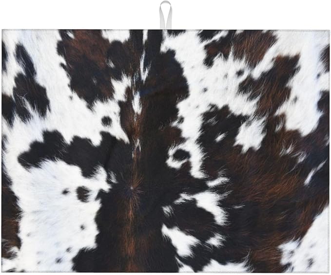 Cow Print Dish Drying Mat Animal fur Black Brown White Classic Drying Rack Pad by Unknown