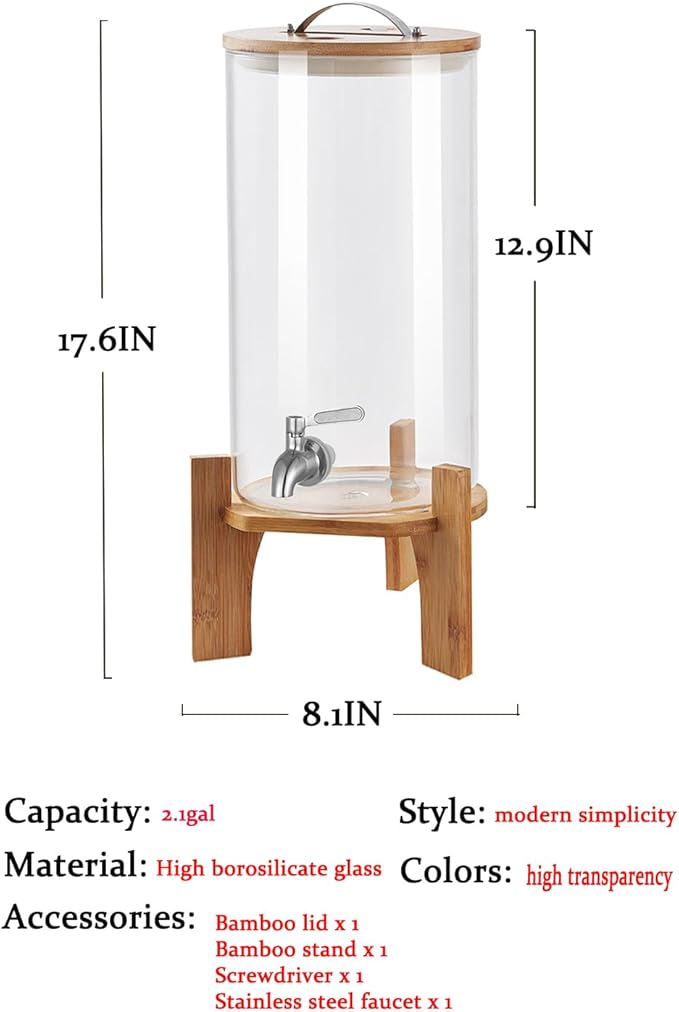 Beverage Dispenser, 2.1 Gallon Glass Drink Dispenser - Image 3