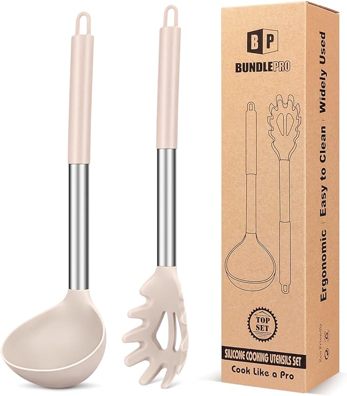 Silicone Pasta Fork and Ladle Spoon Set, Large Non Stick Kitchen Utensils by BUNDLEPRO