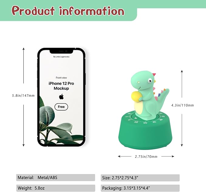 ELE DEPI 60 Minutes Mechanical Kitchen Timer, Cute Dinosaur Timer - Image 6