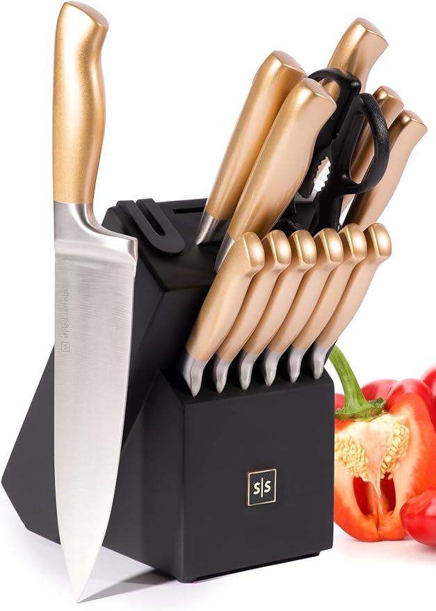Black and Gold Knife Set for Kitchen by STYLEDSETTINGS