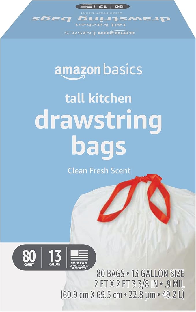 Amazon Basics Tall Kitchen Drawstring Trash Bags, Clean Fresh Scent, 13 Gallon by AmazonBasics