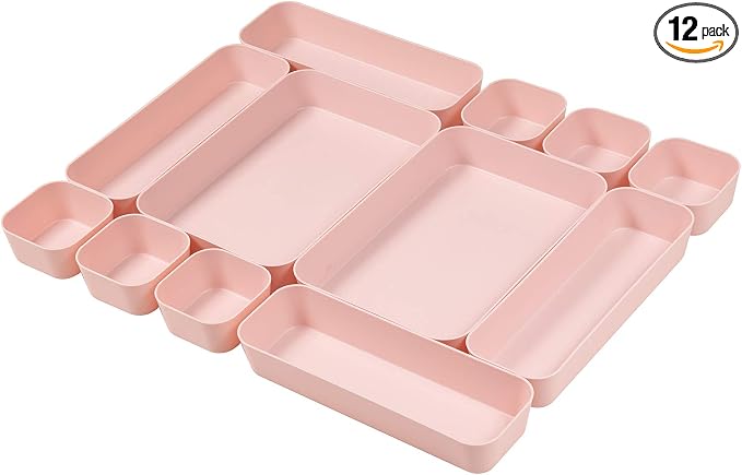 Set Of 12 Pink Color Plastic Desk Drawer Organizers by Backerysupply