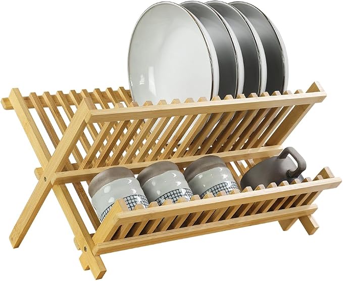 KKTONER Bamboo Dish Drying Rack 2 Tier Foldable Plate Organizer Collapsible by KKTONER