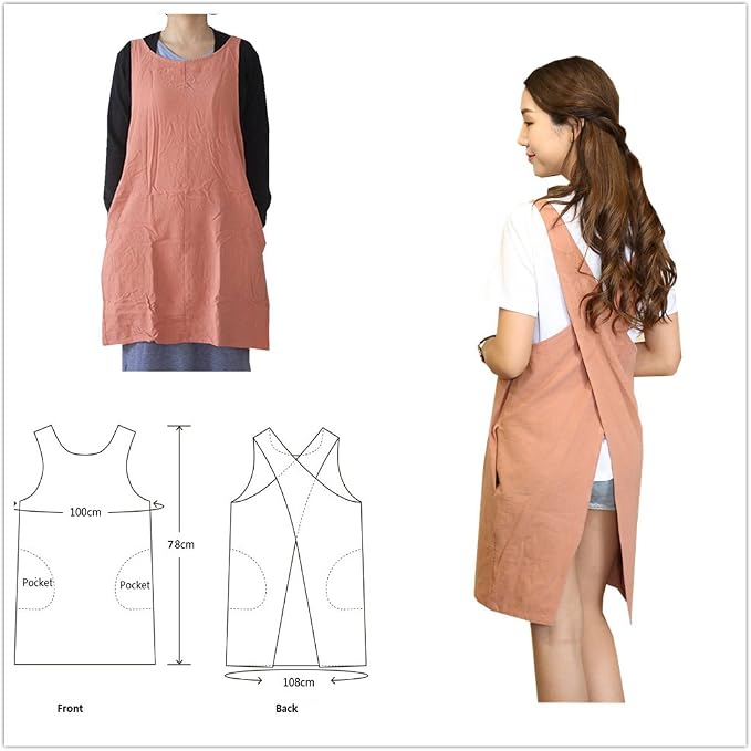 Cotton Linen Japanese Apron Halter Cross Back Bandage X Shape Aprons Two Pockets - Image 2