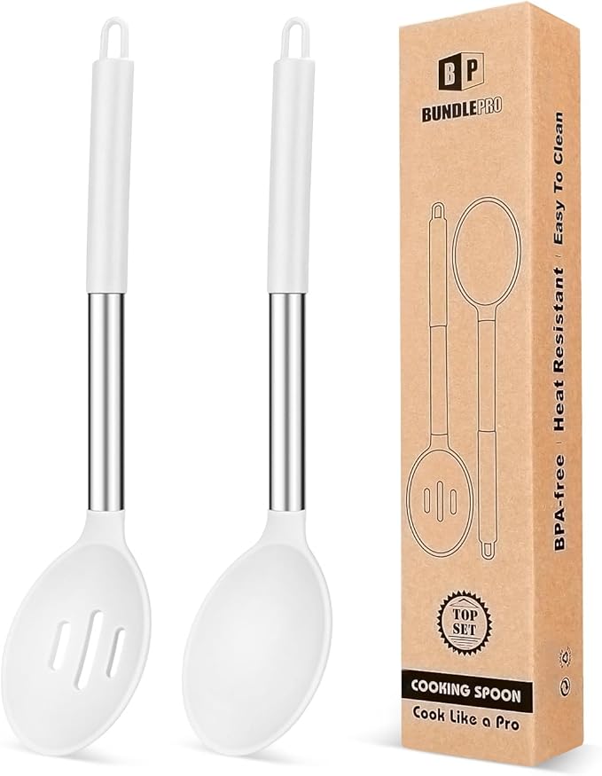 Pack of 2 Large Silicone Cooking Spoons, Non Stick Solid Basting Spoon by BUNDLEPRO