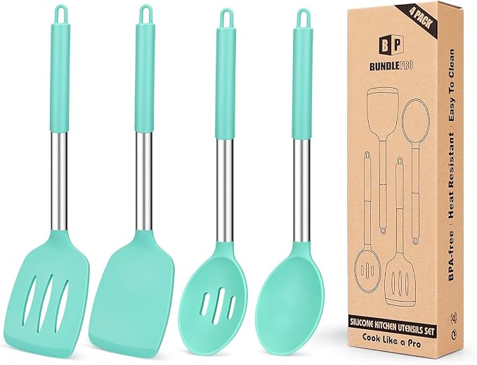 Pack of 4 Silicone Cooking Utensils Set, Non Stick Large Solid Spatulas by BUNDLEPRO