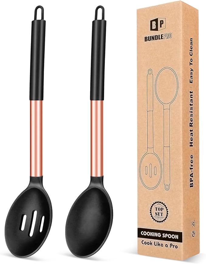 Pack of 2 Large Silicone Cooking Spoons, Non Stick Solid Basting Spoon by BUNDLEPRO