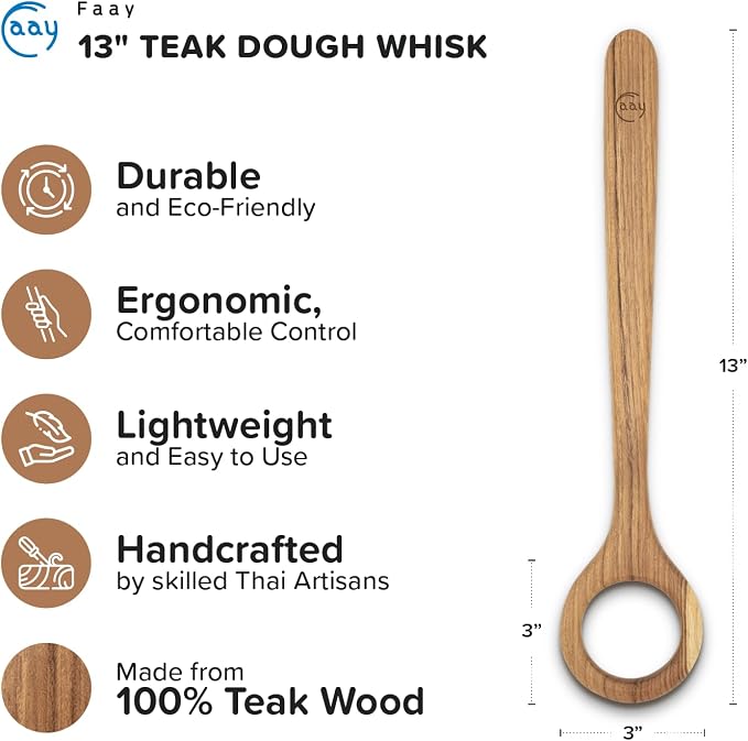 FAAY 13" Dough Whisk, 100% Healthy Teak Kitchen Utensils - Image 2
