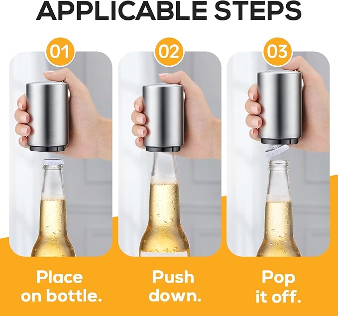 3PCS Premium Automatic Beer Bottle Opener, Magnet Stainless Steel Push Down Off - Image 3