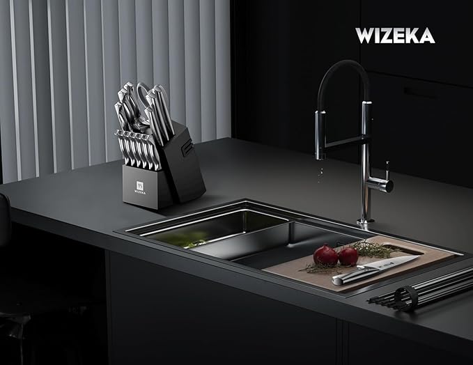 WIZEKA Kitchen Knife Set with Block: Razor Sharp 15 Pcs Professional Chef Knife - Image 6