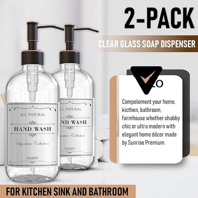Sunrise Premium 2 Pack Clear Glass Soap Dispenser 16 OZ - Image 8