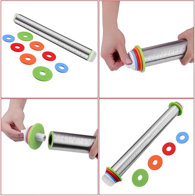 Stainless Steel Rolling Pin and Silicone Mat Set, Adjustable Thickness Rings - Image 3