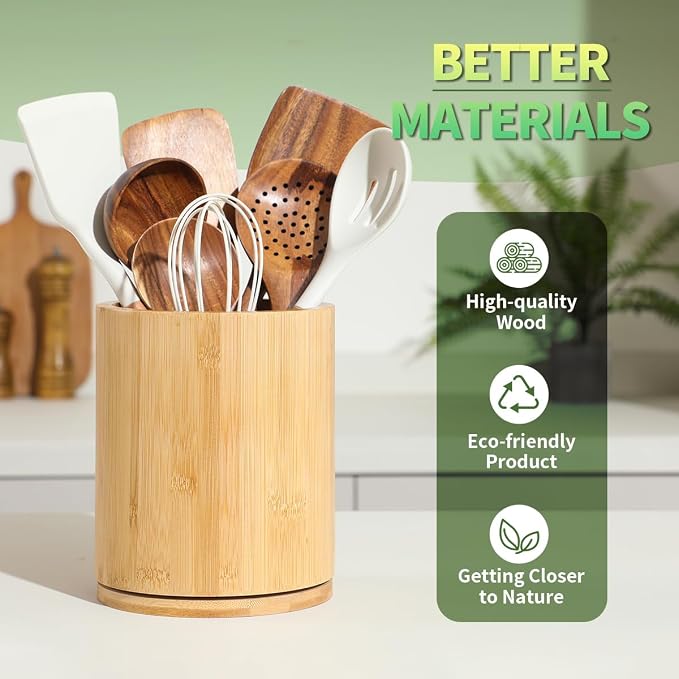 Wooden Utensil Holder, 360°Rotating 7.3'' Large Utensil Holder - Image 5