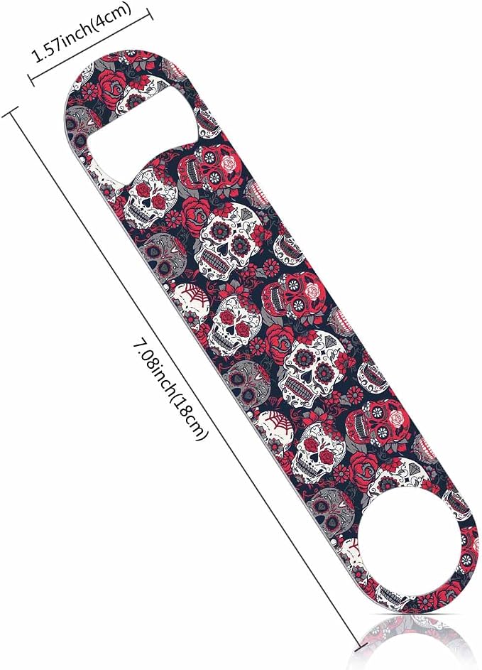 Skull and Flowers Stainless Steel Bottle Opener Day of The Dead Skull Red Peony - Image 2