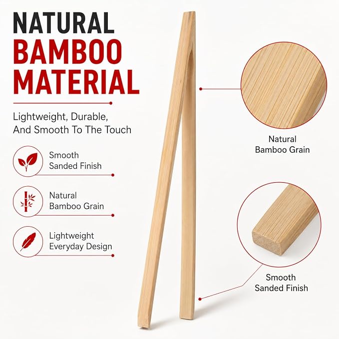 HIC Kitchen Kitchen Toast Tong Set, Natural Bamboo, 6.5 and 12-Inch, 2-Piece Set - Image 6