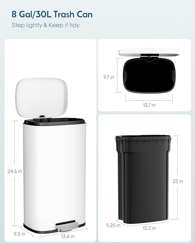 Arlopu 8 Gallon Step Trash Can, Stainless Steel Garbage Bin, Soft-Close Rubbish - Image 2