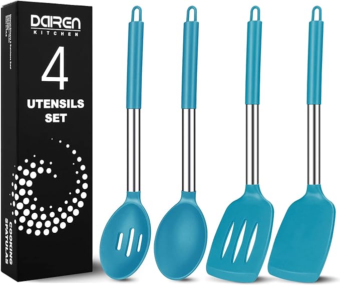 Pack of 4 Large Silicone Cooking Spatulas and Spoons, Slotted and Solid by DaiRenKitchen