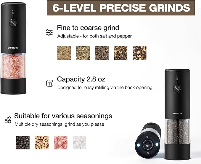 Black Stainless Steel Electric Salt and Pepper Grinder Set - Image 3