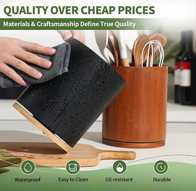 Wooden Utensil Holder, 360°Rotating 7.3'' Large Utensil Holder - Image 4