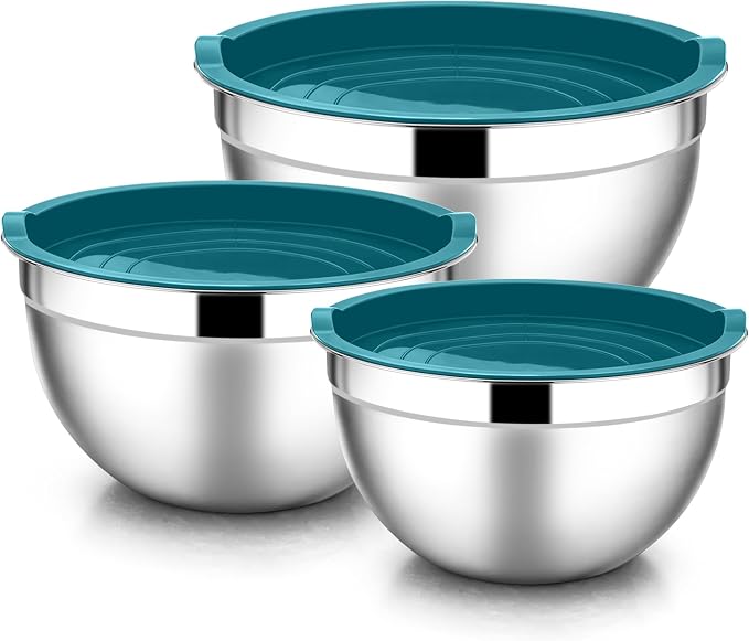 E-far Mixing Bowls with Lids, 6-Piece Stainless Steel Salad Bowls Metal Nesting by E-far