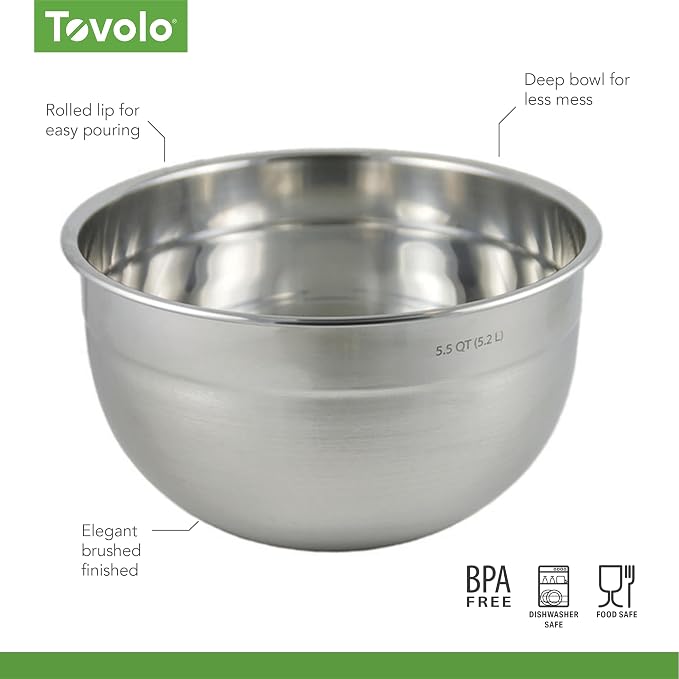 Tovolo Large Stainless Steel Mixing Bowl 5 Quart Metal Mixing Bowl - Image 6