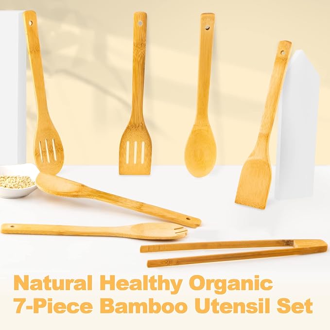 Eisinly Wooden Spoons for Cooking 7-Piece, Kitchen Nonstick Bamboo Cooking - Image 3