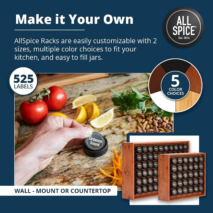 AllSpice Spice Rack Organizer, 525 Unique Labels, Countertop or Wall Mount - Image 4