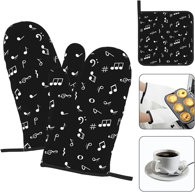 Music Notes Oven Mitts and Pot Holders Sets of 3 Black Hot Pads Musicial Oven - Image 3