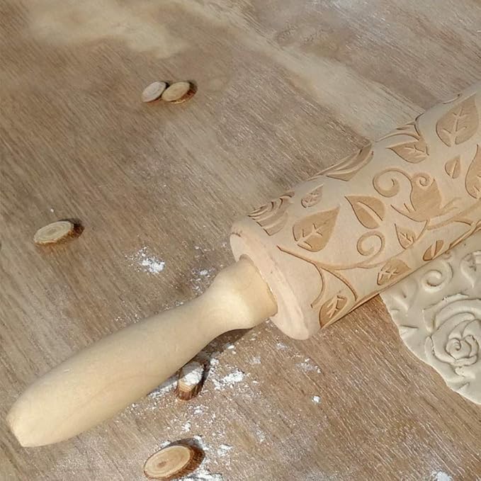 Wooden Rolling Pin, Rose Flower Embossed Engraved Carved Rolling Pin, - Image 7
