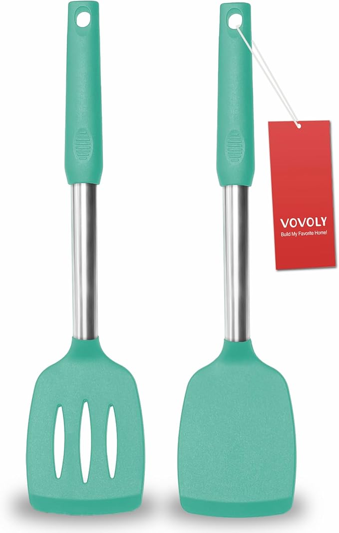 2 Pack Spatulas, Solid & Slotted Silicone Spatula Set, Stainless Steel Handle by VOVOLY