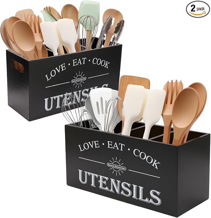 2 PC Wooden Utensil Holder, （With 4-Compartments size*1 + 3-Compartments by Unknown