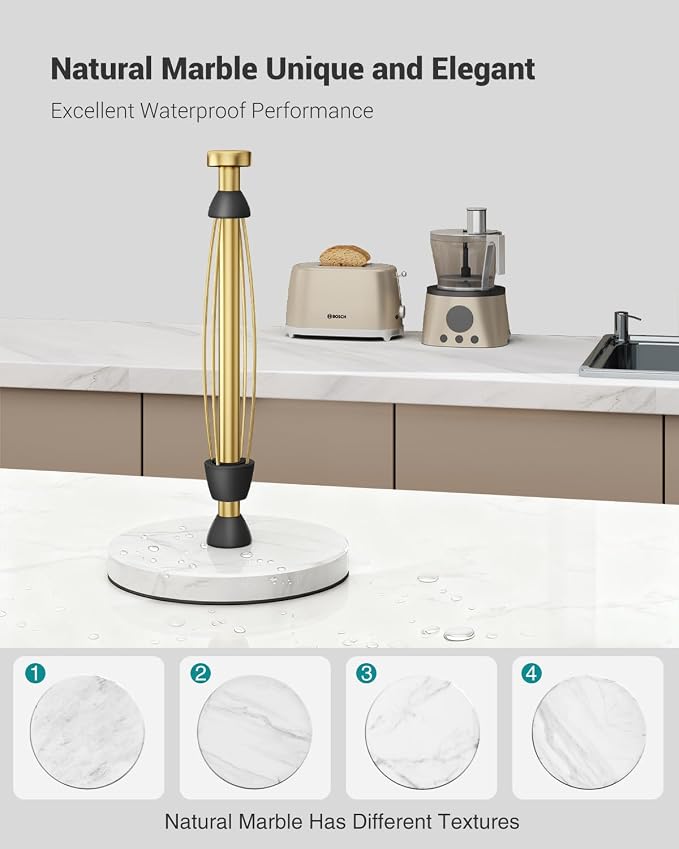 Paper Towel Holder Countertop, Marble Weighted Base, Warm Gold, One-Handed Tear - Image 5