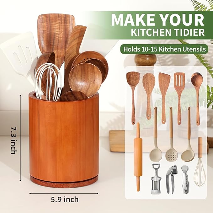 Wooden Utensil Holder, 360°Rotating 7.3'' Large Utensil Holder - Image 2