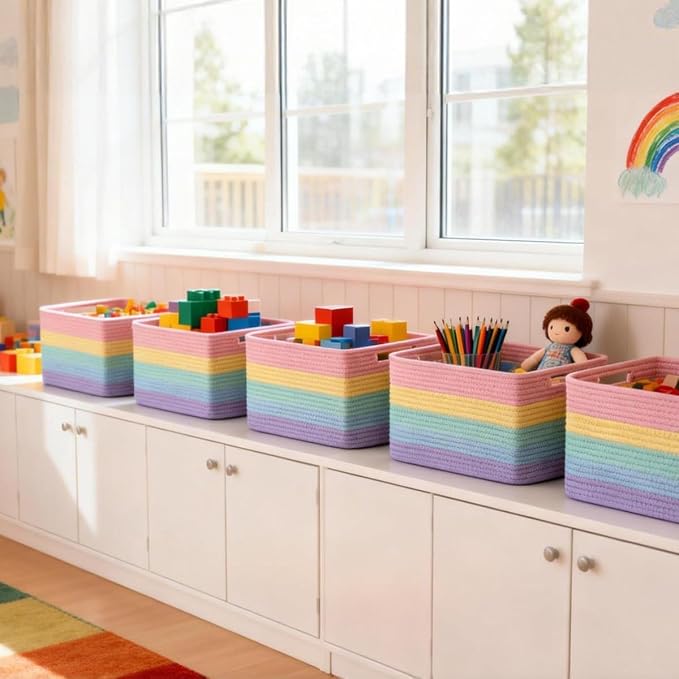 5 Pack Rainbow Woven Storage Baskets - Image 7