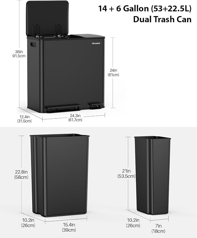 Lovewind Dual Trash Can, 14 + 6 Gallon Garbage Can - Image 7