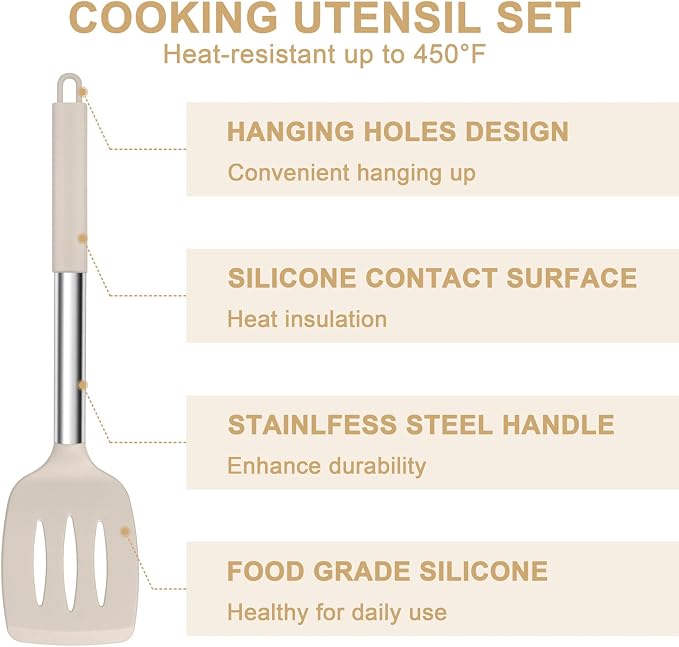 E-far Silicone Cooking Utensils Set, Slotted Turner, Soup Ladle, Pasta Server - Image 5