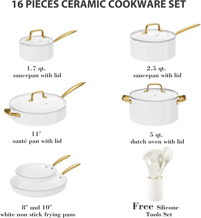 Ceramic Cookware Set, VONIKI 16 Pcs Pots and Pans Set Non Stick, Kitchen - Image 2