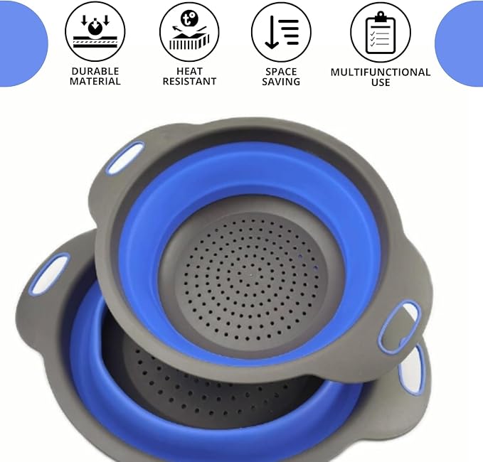 Blue Round Silicone Collapsible Colander – Silicone Round Kitchen Strainers - Image 4