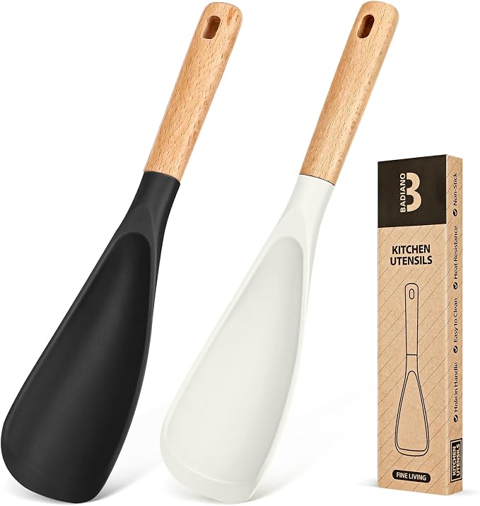 Cooking Spoon for Nonstick Cookwares, Wood Handle Spoon for Mixing, and Scrape by BADIANO