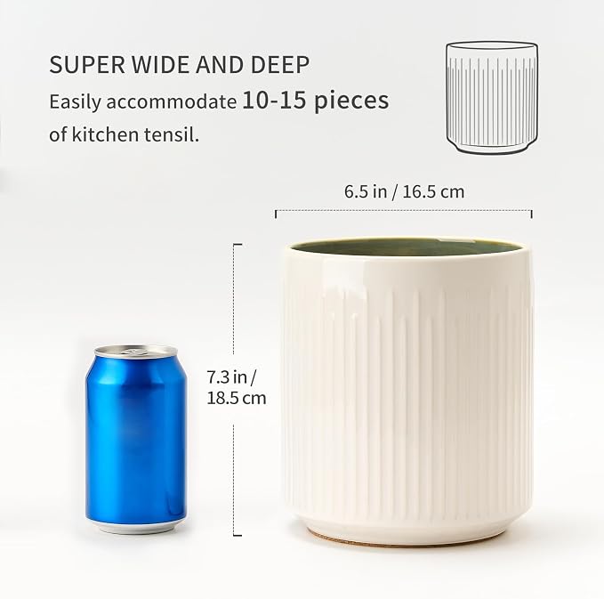 JIEMEI HOME Kitchen Utensil Holder, 7.2" Large Ceramic Stable Utensil Crock - Image 3