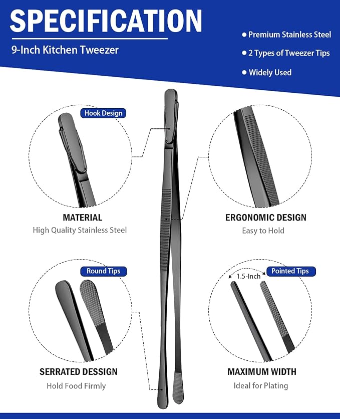 JETKONG 2 Pcs 9-Inch Food Tweezer Tongs, Stainless Steel Kitchen Tweezer - Image 2