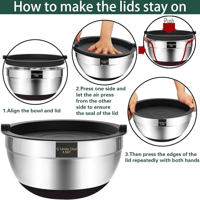 Umite Chef Mixing Bowls with Airtight Lids，6 piece Stainless Steel Metal - Image 2