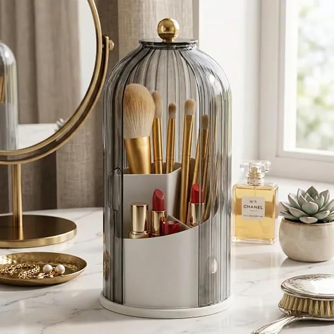 Makeup Brush Holder with Lid 360° Rotating 3-Compartment Makeup Organizers by Unknown